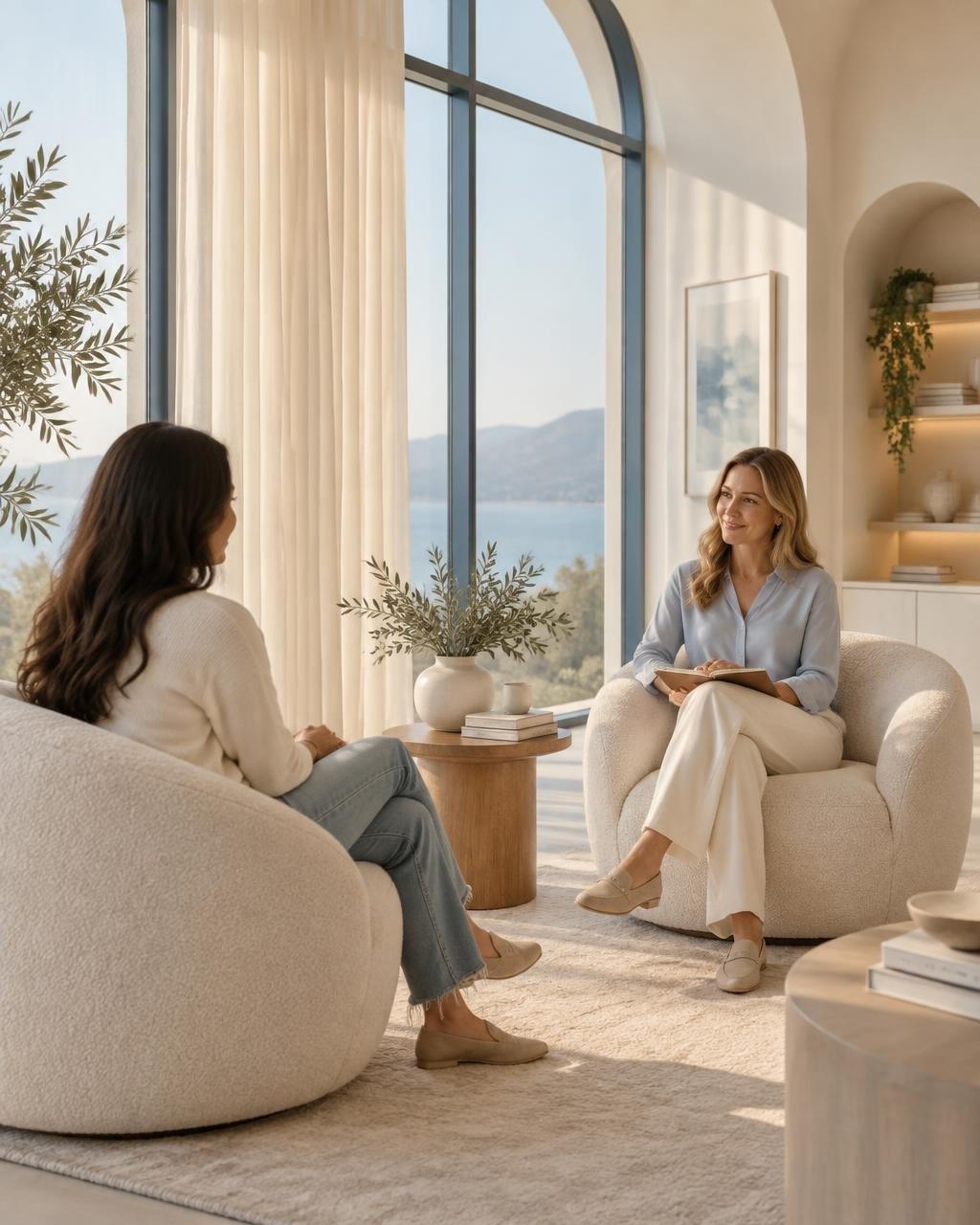 A clinician and client sharing a warm conversation in a bright modern office with arched blue-framed windows